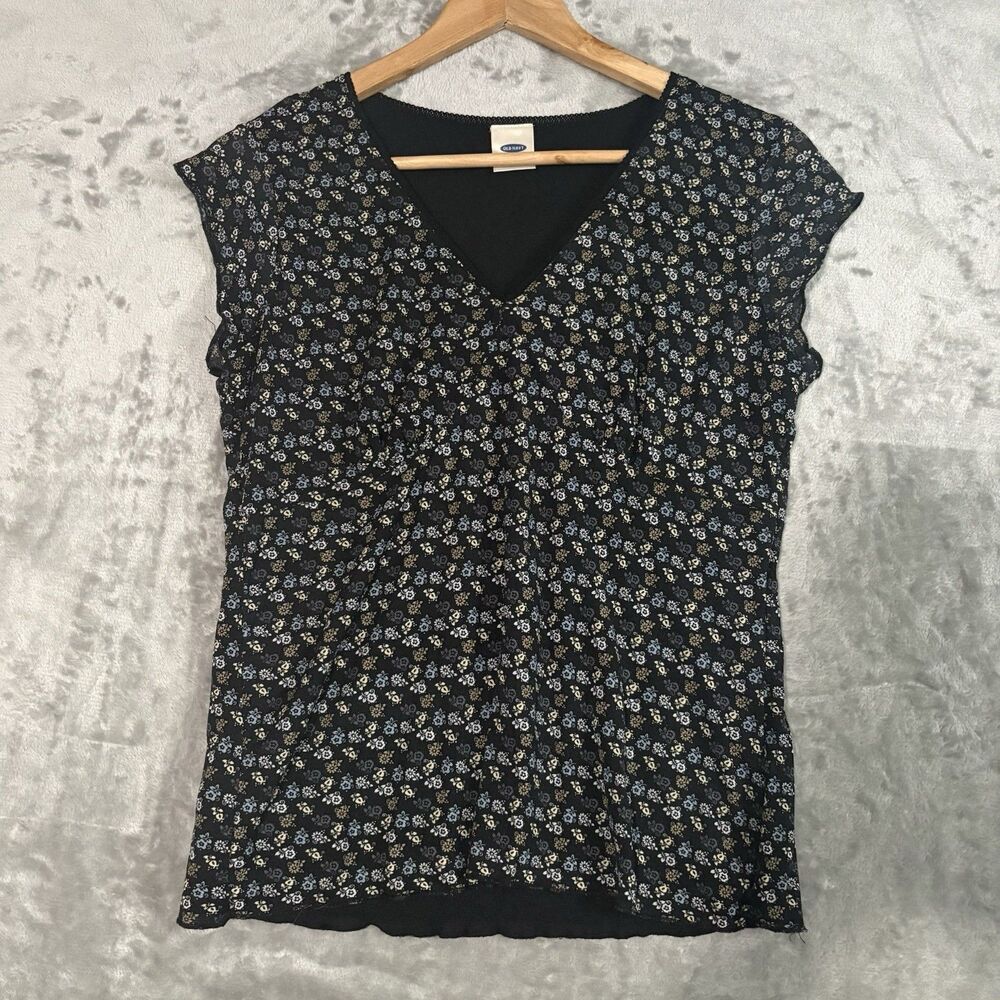 Old Navy Women's Large Floral V-Neck Blouse Black Cap Sleeve Cottagecore Boho